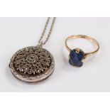 9 carat gold ring, set with a blue stone, ring size M, together with a silver and marcasite locket