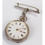 Silver open face pocket watch, the white enamel dial with Roman hours, brooch pair attached
