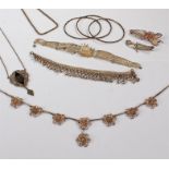 Eastern white metal jewellery, consisting of brooches, necklace, bangle, chain, pendant. etc, (qty)