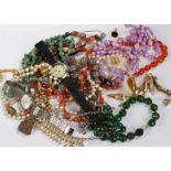 Quantity of costume jewellery, to include agate necklac, necklaces, a watch, etc, (qty)