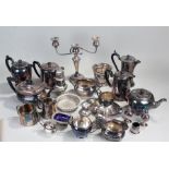 Collection of silver plated wares, to include tea pots, candelabra, salts, etc, (qty)
