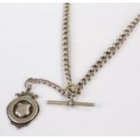 Silver pocket watch chain, with two clips, T bar and a medal, 54cm long