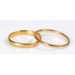 Two 22 carat gold wedding bands, 3.8 grams total weight