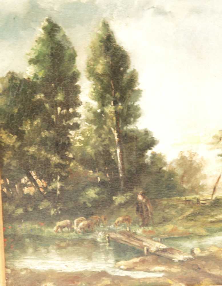 Anonym - Bewaldete Flusslandschaft mit Schäfer und Herde an Holzplankenbrücke,Öl auf Leinwand,ca.