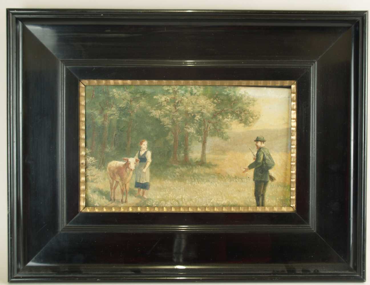 Anonym - Jäger mit Hirtenmädchen und entlaufenem Kälbchen am Waldesrand,Öl/Leinwand,ca.20x32cm,