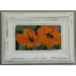 Jani - "Orangefarbene Blüten", Acryl auf Holz, signiert, 11x22 cm, in Holzrahmung
