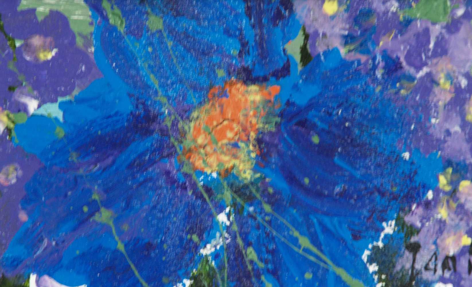 Jani - "Blaue Blüten", Acryl auf Holz, signiert, 11x22 cm, in Holzrahmung - Image 2 of 2