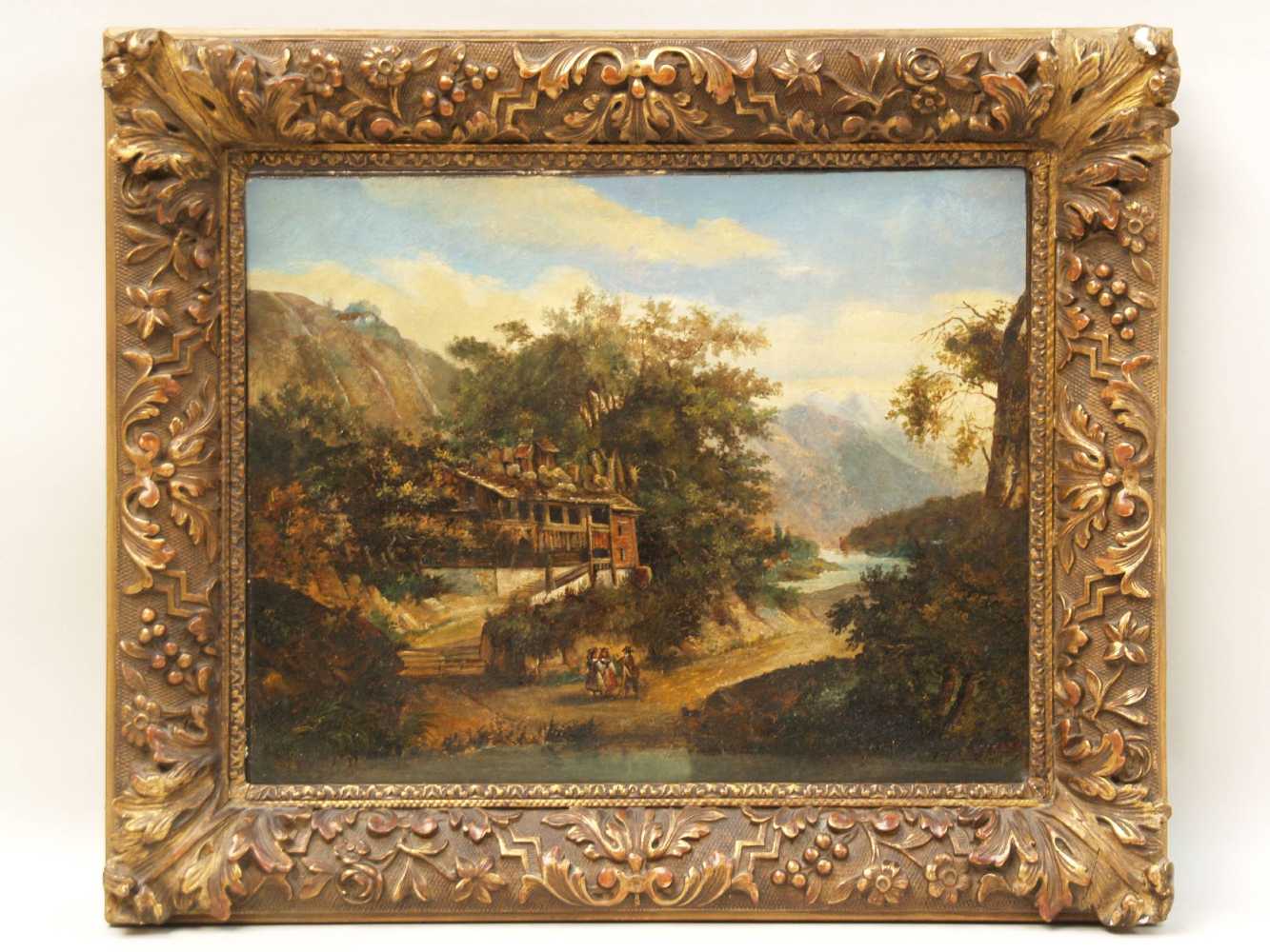 J.J.Biedermann -19.Jh.- La visite au chalet,Öl/Lwd,rechts unten signiert,in Rot dat.1850?, - Image 2 of 6