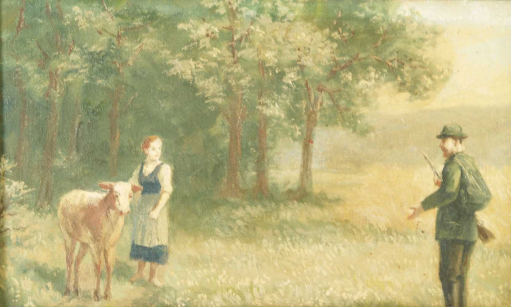 Anonym - Jäger mit Hirtenmädchen und entlaufenem Kälbchen am Waldesrand,Öl/Leinwand,ca.20x32cm, - Image 2 of 3