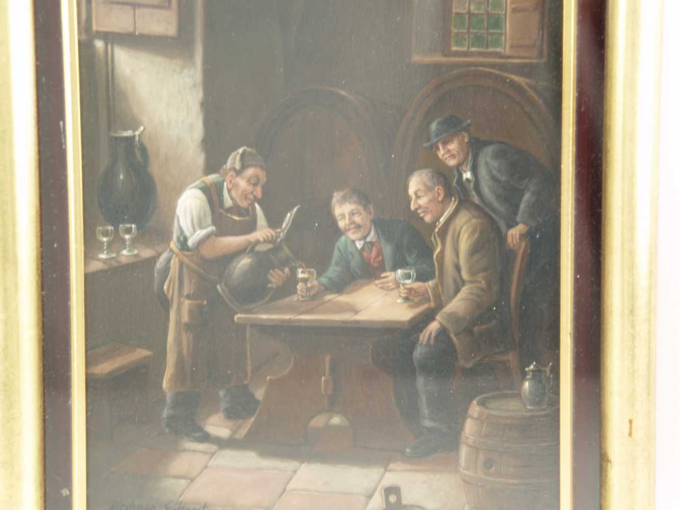 Kirchner, Eckart (1887-1960)- "Wein-Wonnen", Wirtshausszene, Öl/Holz,unter Glas gerahmt,li. unten - Image 2 of 3
