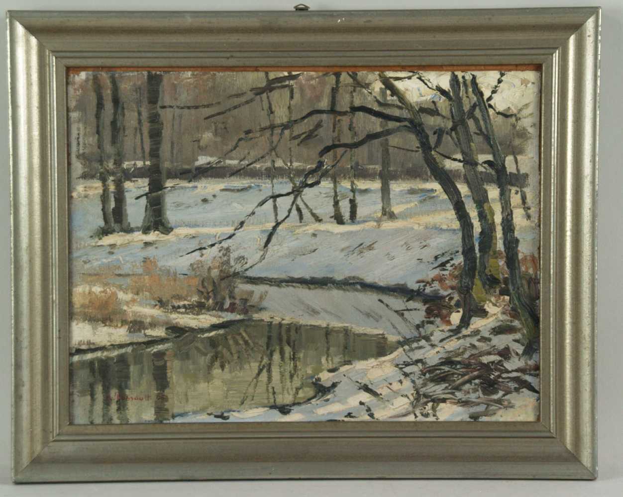 Dussault,Karl(Karlsruhe 1860 - 1930) - Winterliche sonnenbeschienene Bachlandschaft,Öl auf