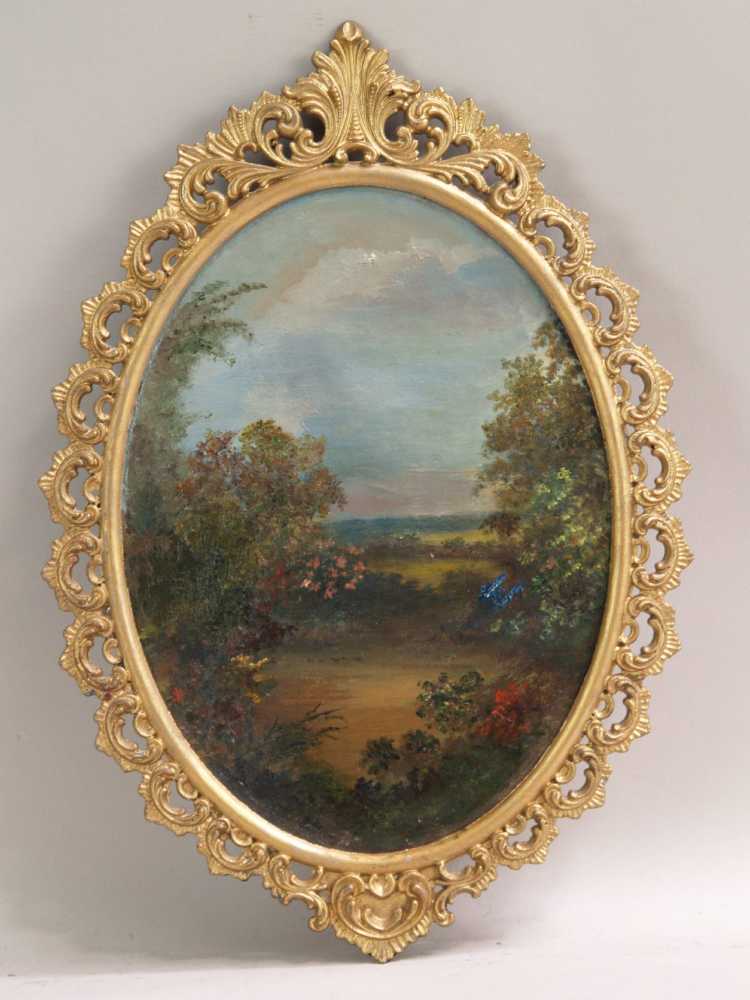 Anonym - Romantische Landschaftsansicht,um 1900,Öl auf Karton,oval,ca.23x16,5cm,durchbrochen