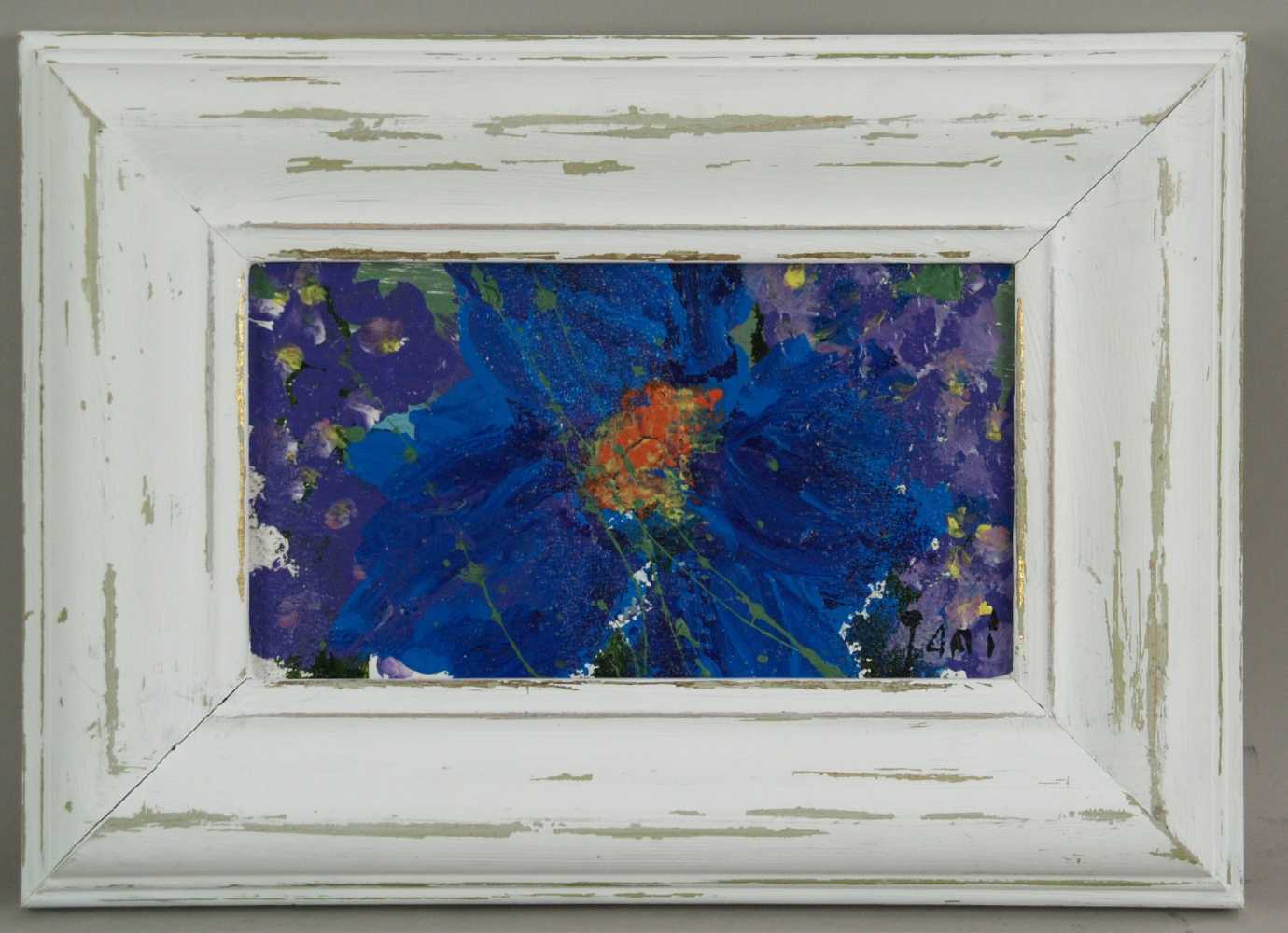 Jani - "Blaue Blüten", Acryl auf Holz, signiert, 11x22 cm, in Holzrahmung