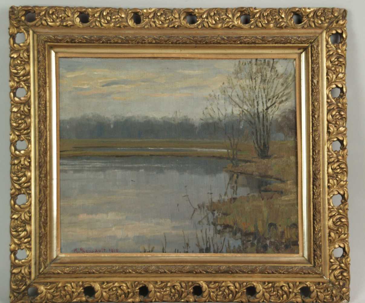 Dussault,Karl(Karlsruhe 1860 - 1930) - Uferstück an einem See im Spätherbst,Öl auf Leinwand auf