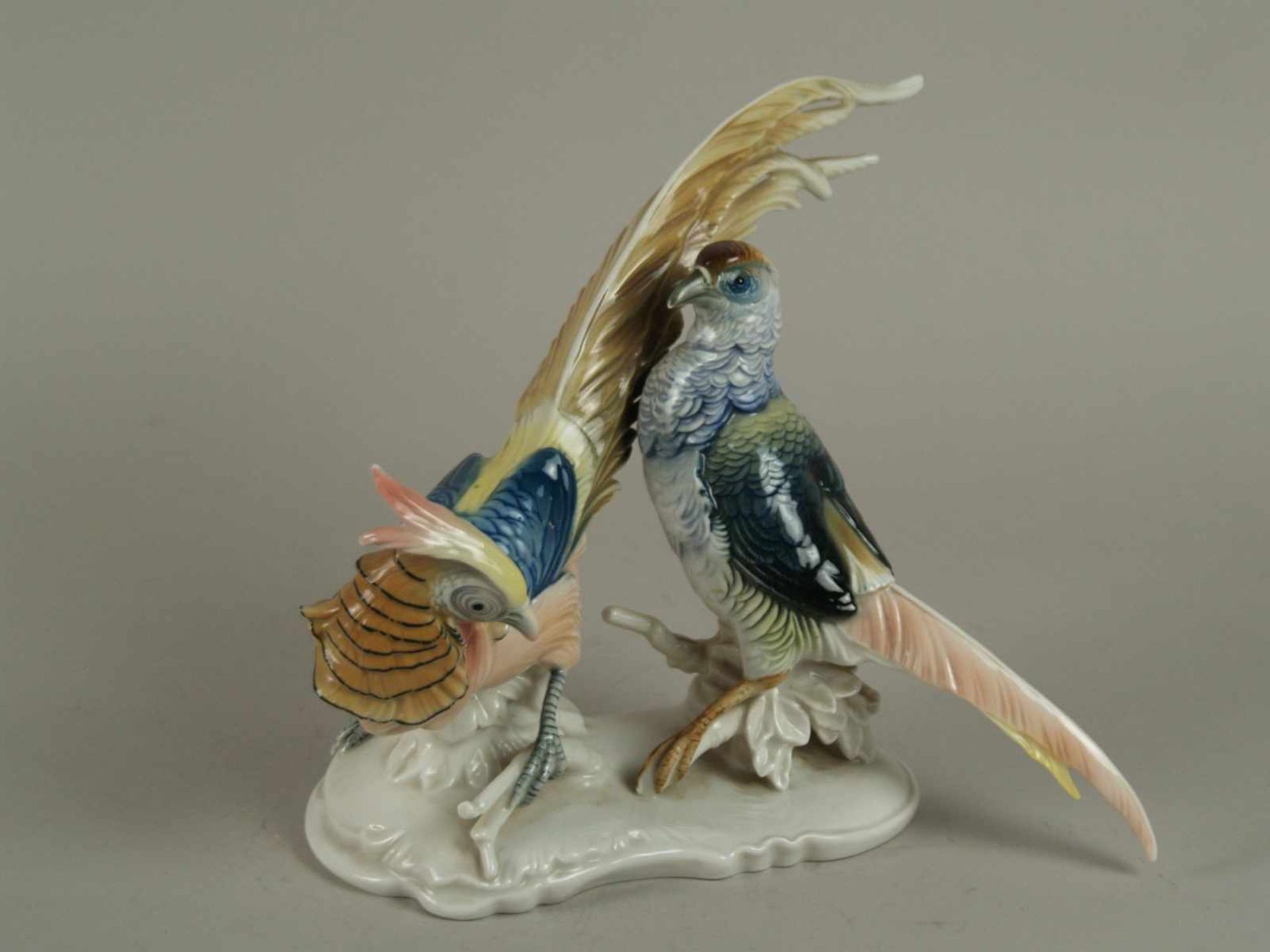 Porzellan-Figur "Fasanenpaar" - Ens, grüne Mühlenmarke,vollplastisch ausgeformte Fasanenvögel auf - Bild 4 aus 4
