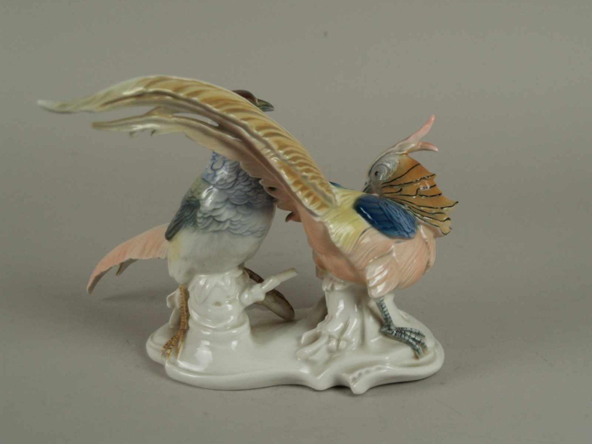 Porzellan-Figur "Fasanenpaar" - Ens, grüne Mühlenmarke,vollplastisch ausgeformte Fasanenvögel auf - Bild 2 aus 4