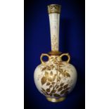 ROYAL WORCESTER DOUBLE HANDLED NARROW NECK VASE DECORATED WITH GOLD LEAVES CIRCA 1884
