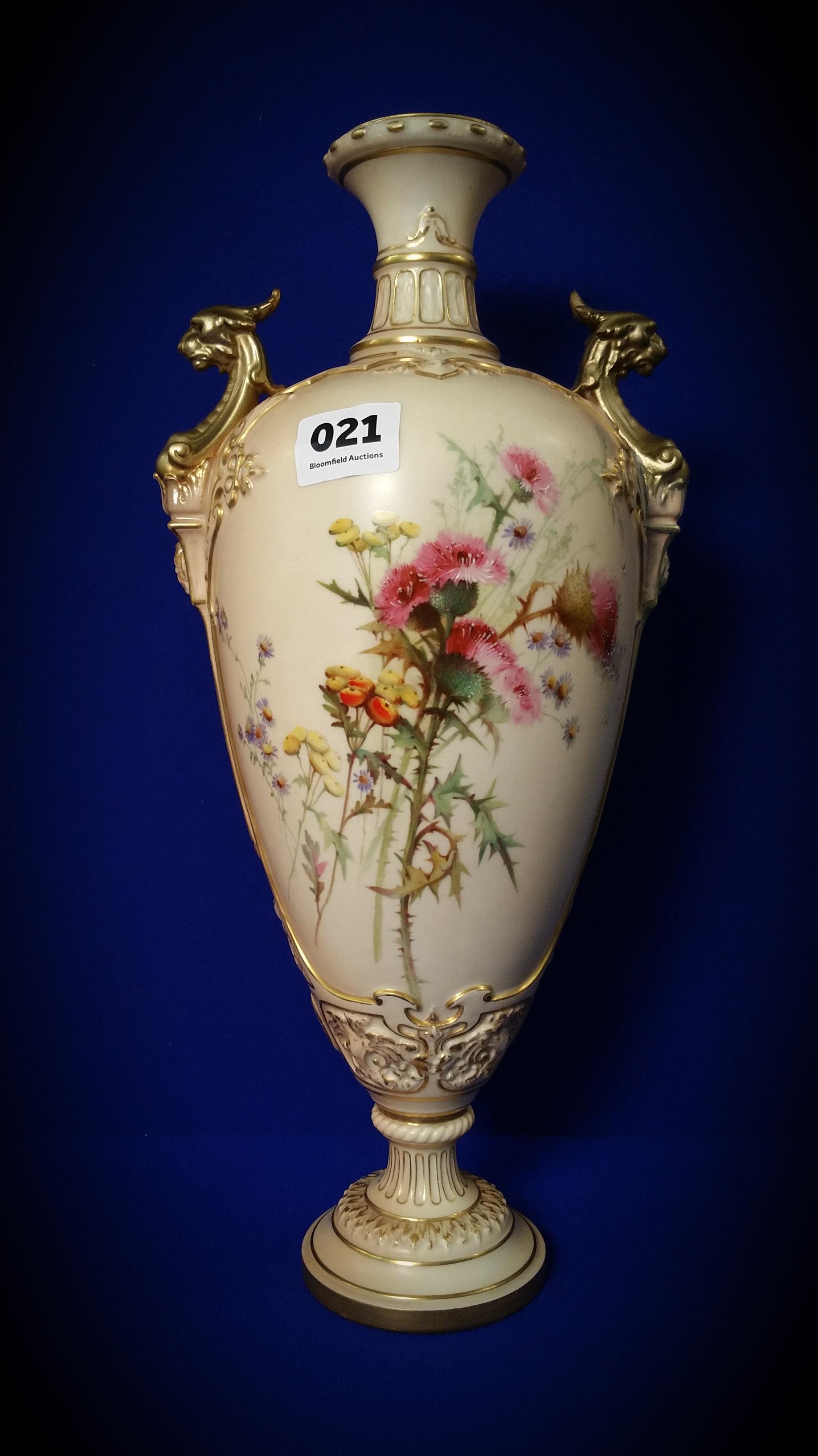 VICTORIAN ROYAL WORCESTER DOUBLE HANDLED VASE DECORATED WITH THISTLES (RESTORATION HAS BEEN DONE)