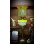 VICTORIAN BRASS CORINTHIAN PILLAR OIL LAMP WITH YELLOW BOWL & SHADE