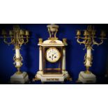 ANTIQUE FRENCH MARBLE & GILT METAL ORMOLU MANTLE CLOCK & GARNITURES