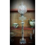 VICTORIAN SILVER CORINTHIAN PILLAR OIL LAMP WITH CLEAR GLASS BOWL & FROSTED GLASS SHADE MADE BY