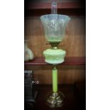 VICTORIAN GREEN GLASS OIL LAMP & VASELINE GLASS SHADE