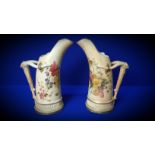 PAIR OF VICTORIAN ROYAL WORCESTER JUGS HAND PAINTED WITH FLORAL DESIGN