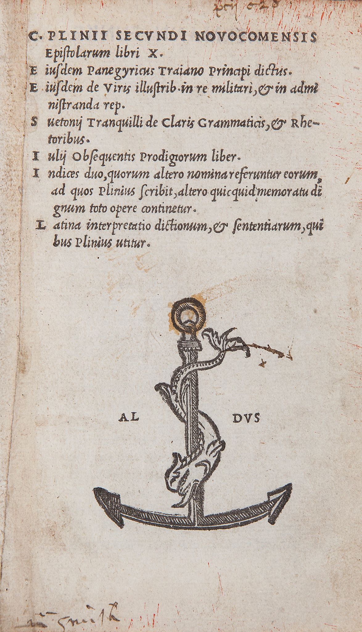 Plinius Secundus (Gaius) - Epistolarum Libri X,   title and final verso with woodcut printer's