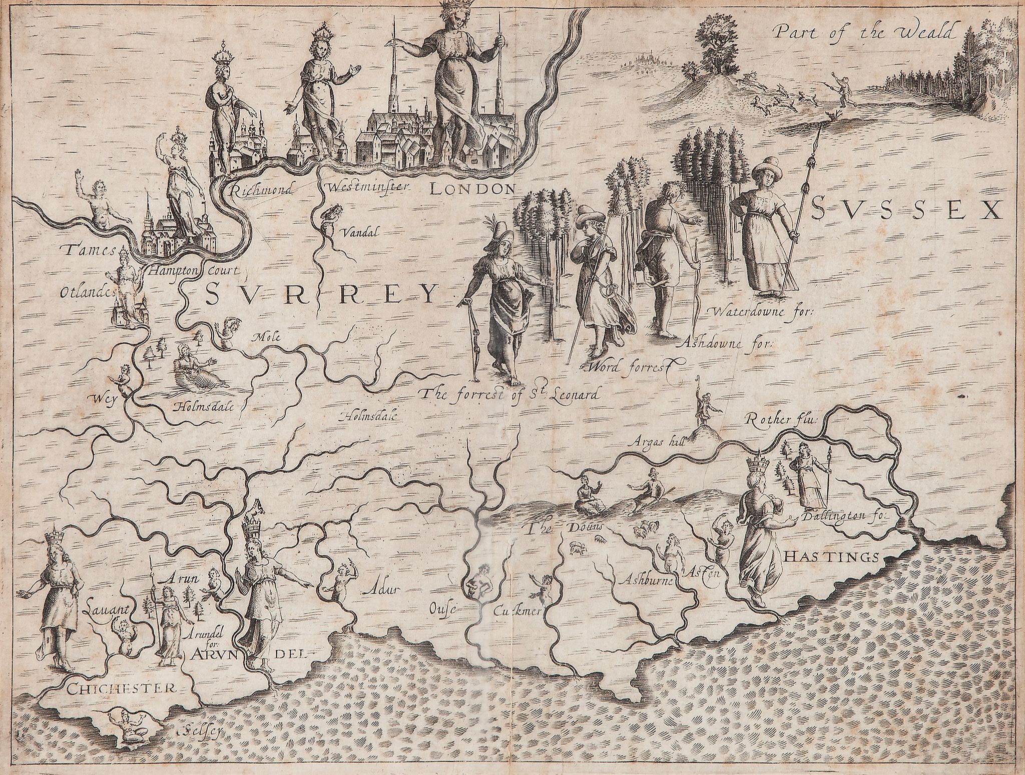 Drayton (Michael) - Map of Surrey and Sussex for the Poly-olbion,  showing London, rivers, part of