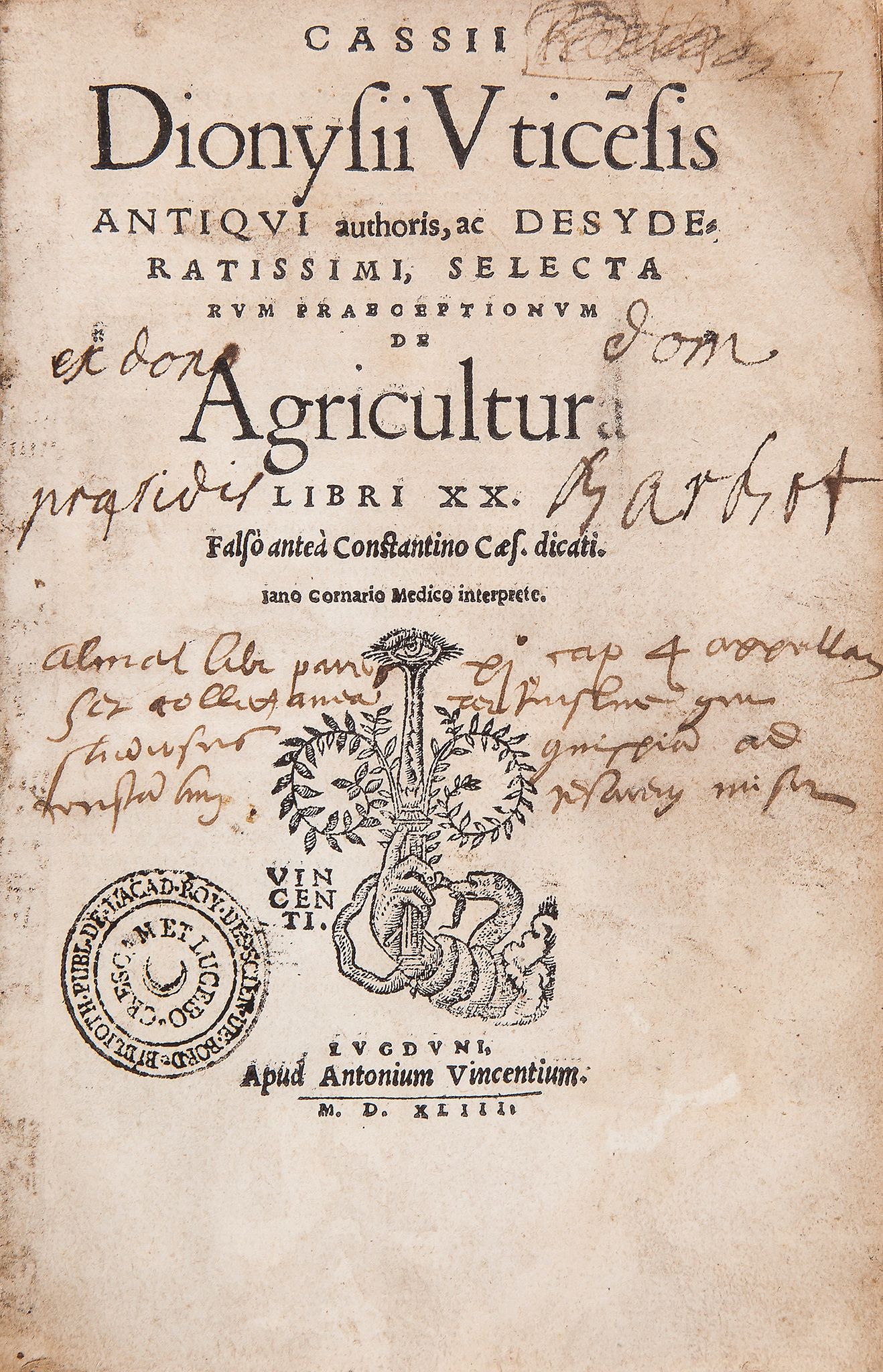 Agriculture.- Dionysius (Cassius) - de Agricultura libri XX,   title with woodcut printer's