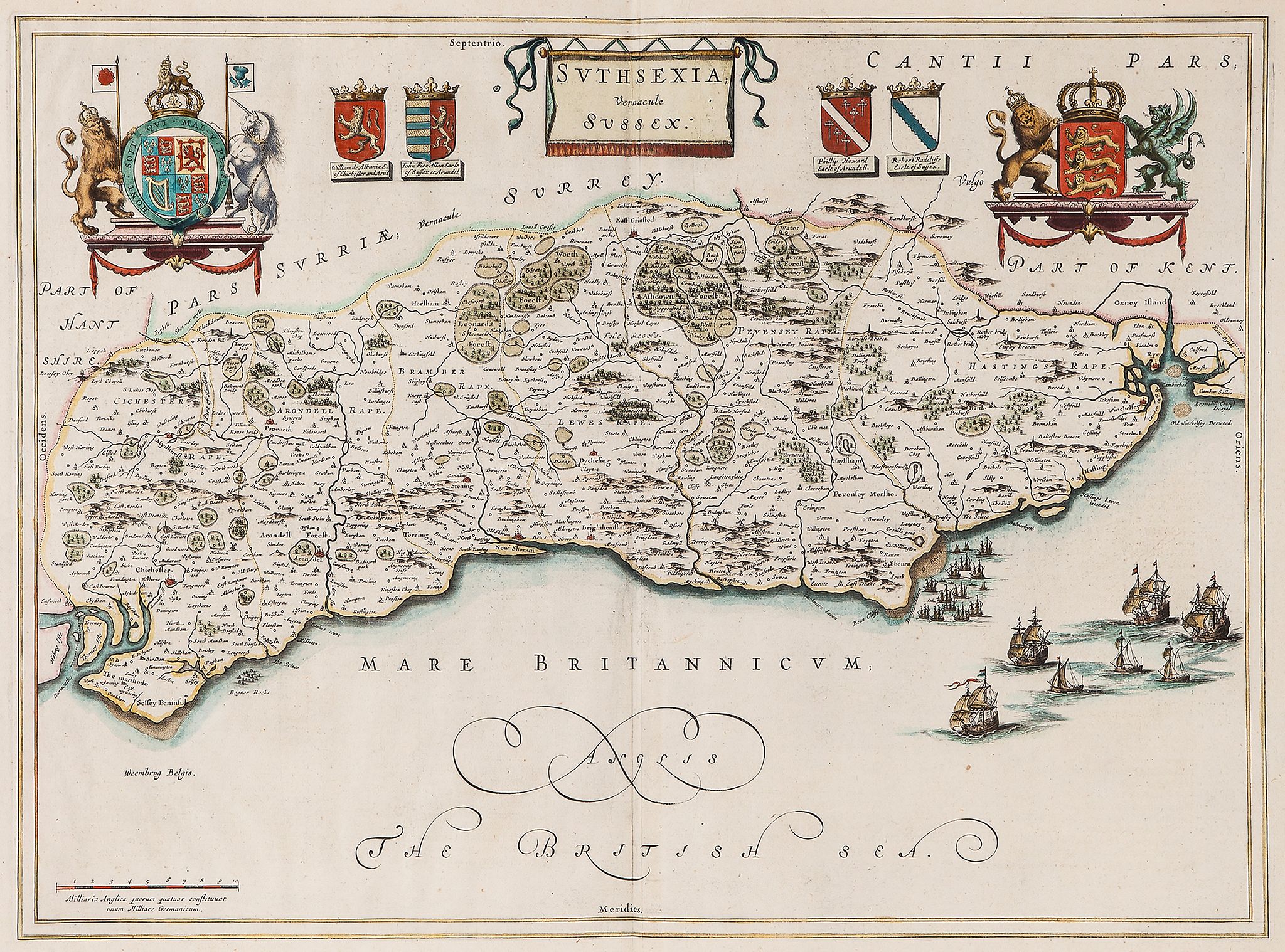 Blaeu (Johan and Willem) - Suthsexia, vernacule Sussex,  county map with coats-of-arms above and