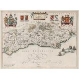 Blaeu (Johan and Willem) - Suthsexia, vernacule Sussex,  county map with coats-of-arms above and