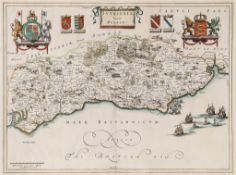 Blaeu (Johan and Willem) - Suthsexia, vernacule Sussex,  county map with coats-of-arms above and