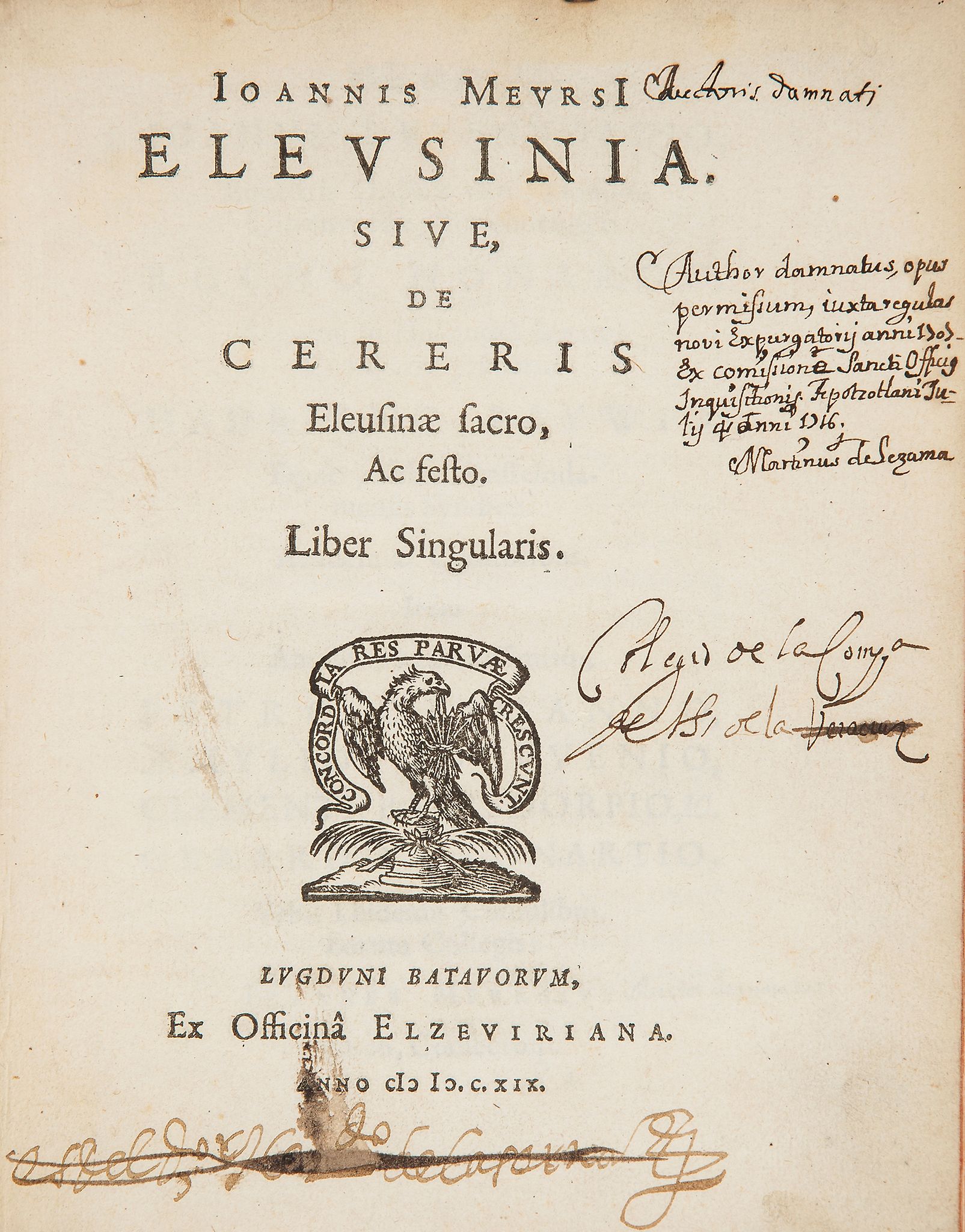 Meursius (Johannes) - Elevsinia, sive de Cereris Eleusinæ Sacro ac Festo,   first edition ,  title