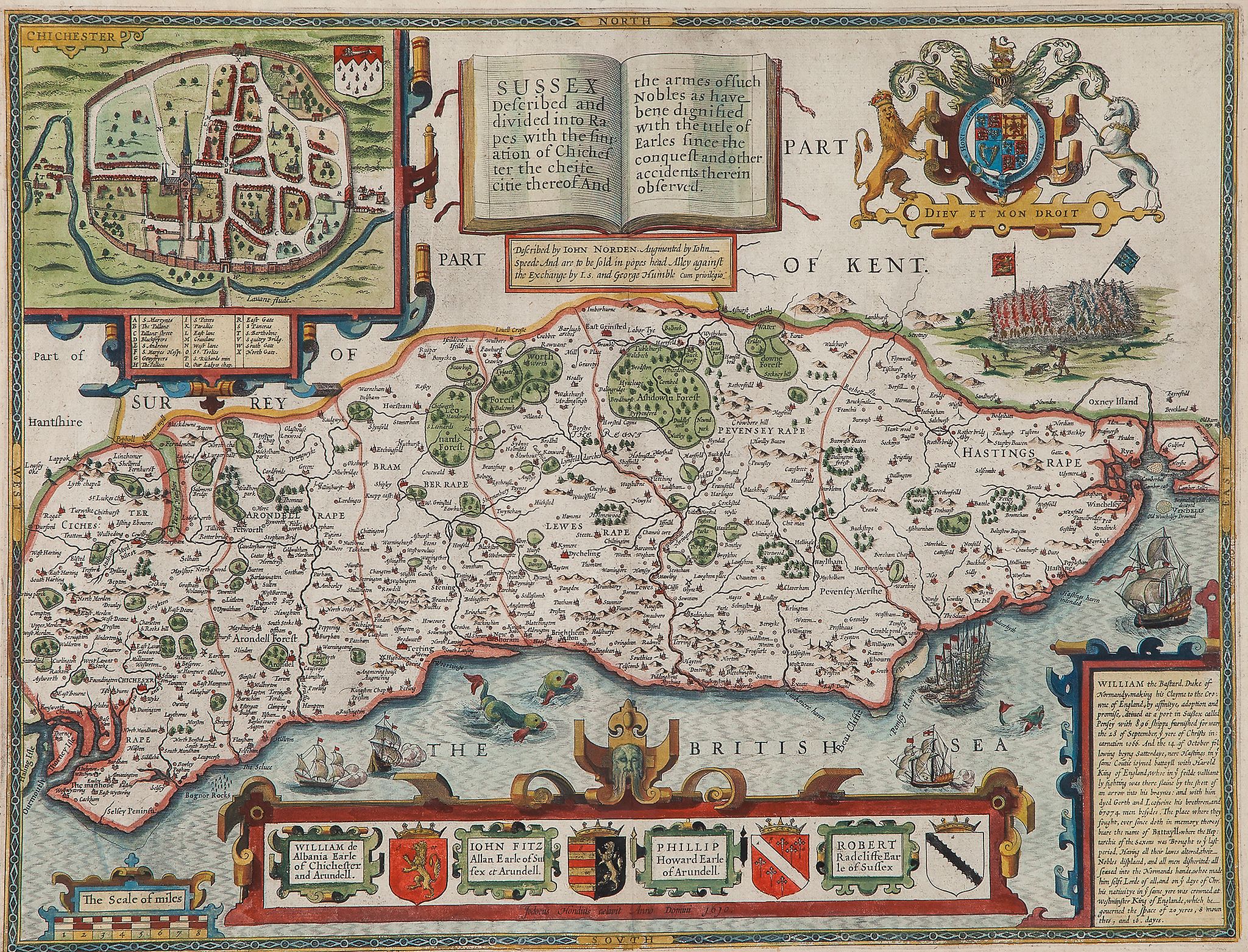 Speed (John) - Sussex Described and Divided into Rapes,  inset plan of Chichester, upper left, royal