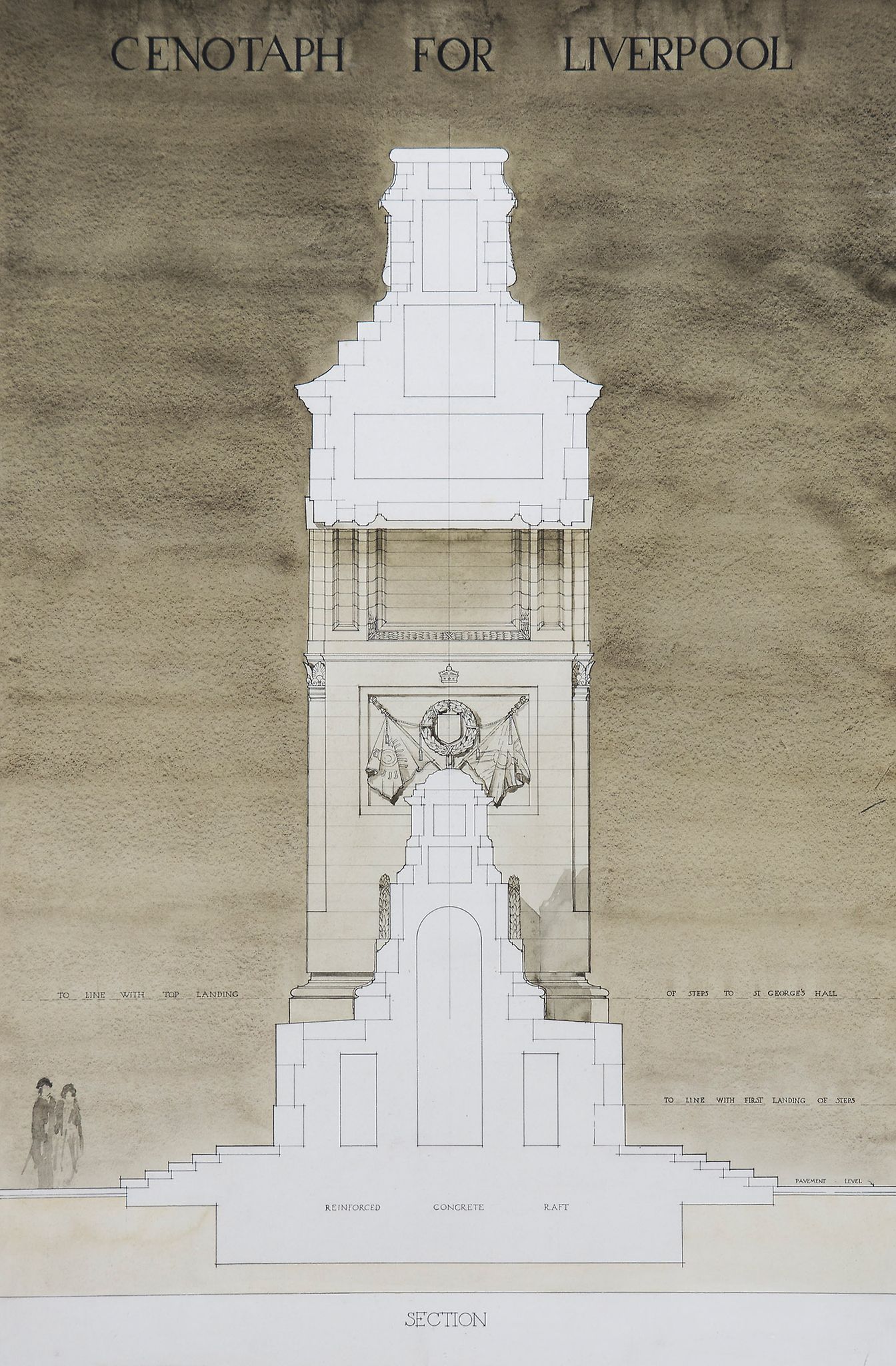 English School - Competition design for the Liverpool Cenotaph,  elevation and sectional drawing for