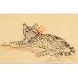 Thorne (Diana, 1895-1963) - Reclining cat with red bow   charcoal and coloured chalks, on thin