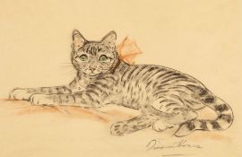 Thorne (Diana, 1895-1963) - Reclining cat with red bow   charcoal and coloured chalks, on thin