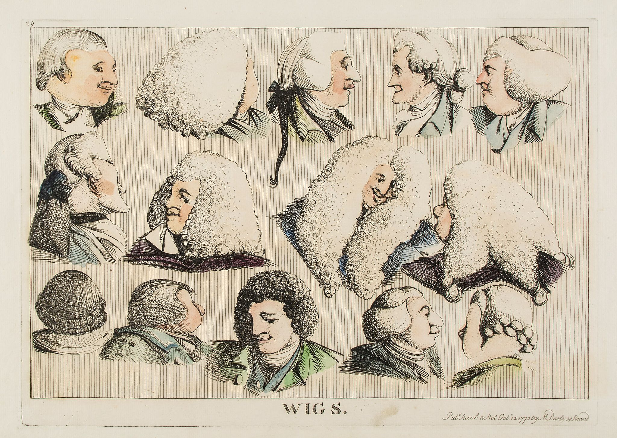 Darly (Matthew) - Wigs; Hats,  2 sheets each of numerous heads sporting different fashions,   hand-