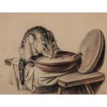 Freudenberger (Sigmund, 1745-1801) - Cat drinking milk   watercolour over graphite, 90 x 115 mm.,