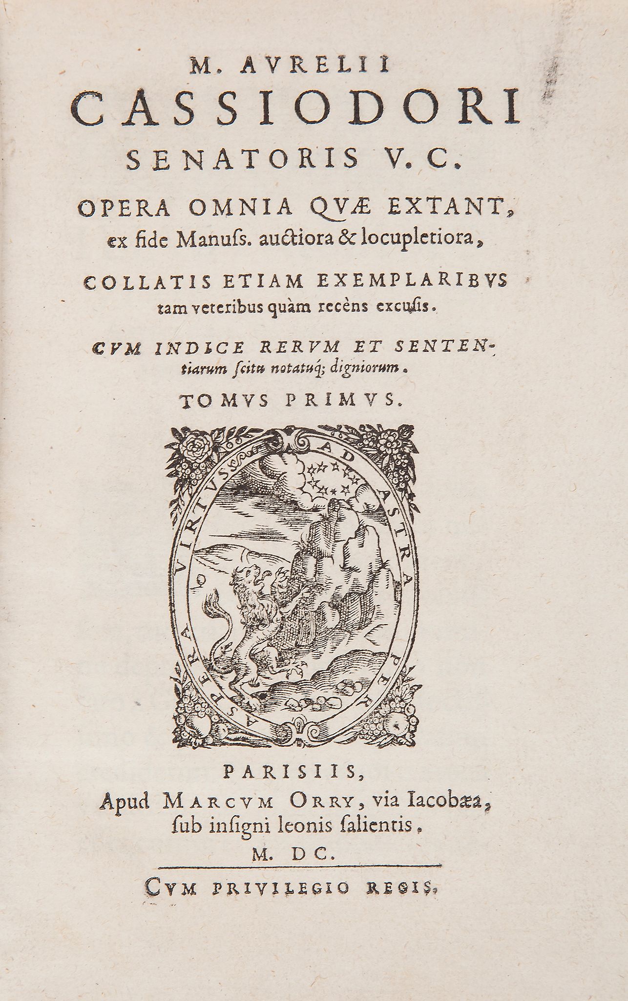 Cassiodorus (Marcus Aurelius) - Opera Omnia,  2 vol.,   device on titles, vol. II 5M1 lower corner