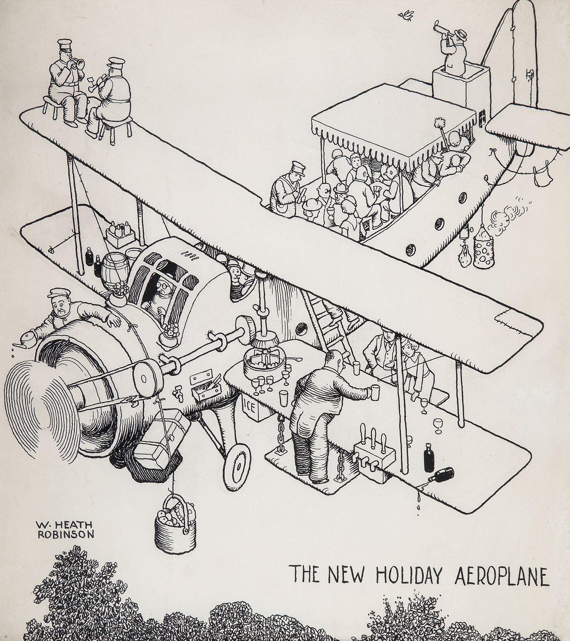 Robinson (William Heath) - The New Holiday Aeroplane,   original pen and ink drawing, signed lower