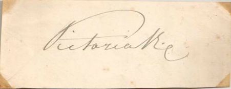 VICTORIA, QUEEN - Ink signature on oblong piece of paper clipped from a document.  Ink signature ("