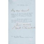 CHAMBERLAIN, NEVILLE - Typed letter signed to "my dear Samuel" , expressing his...  Typed letter