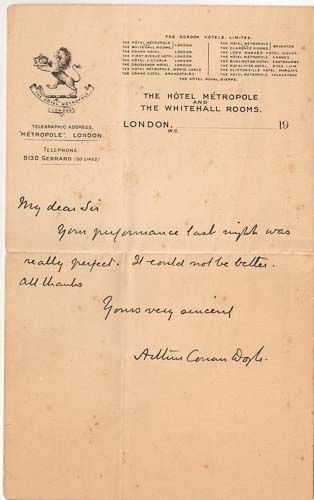 DOYLE, ARTHUR CONAN - Autograph note signed to actor Harry Arthur Saintsbury, reading  Autograph