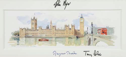 THATCHER, MARGARET  &  OTHERS - Colour print of a watercolour picture of Big Ben and Houses of...