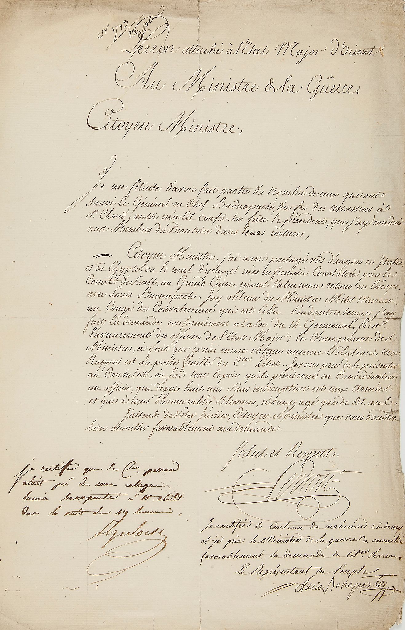 BONAPARTE, LUCIEN - Letter of petition addressed to the Minister of War from a certain...  Letter of