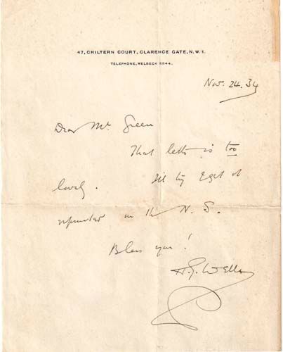 WELLS, H.G. - Autograph note signed to Mr. Green on headed Chiltern Court paper  Autograph note