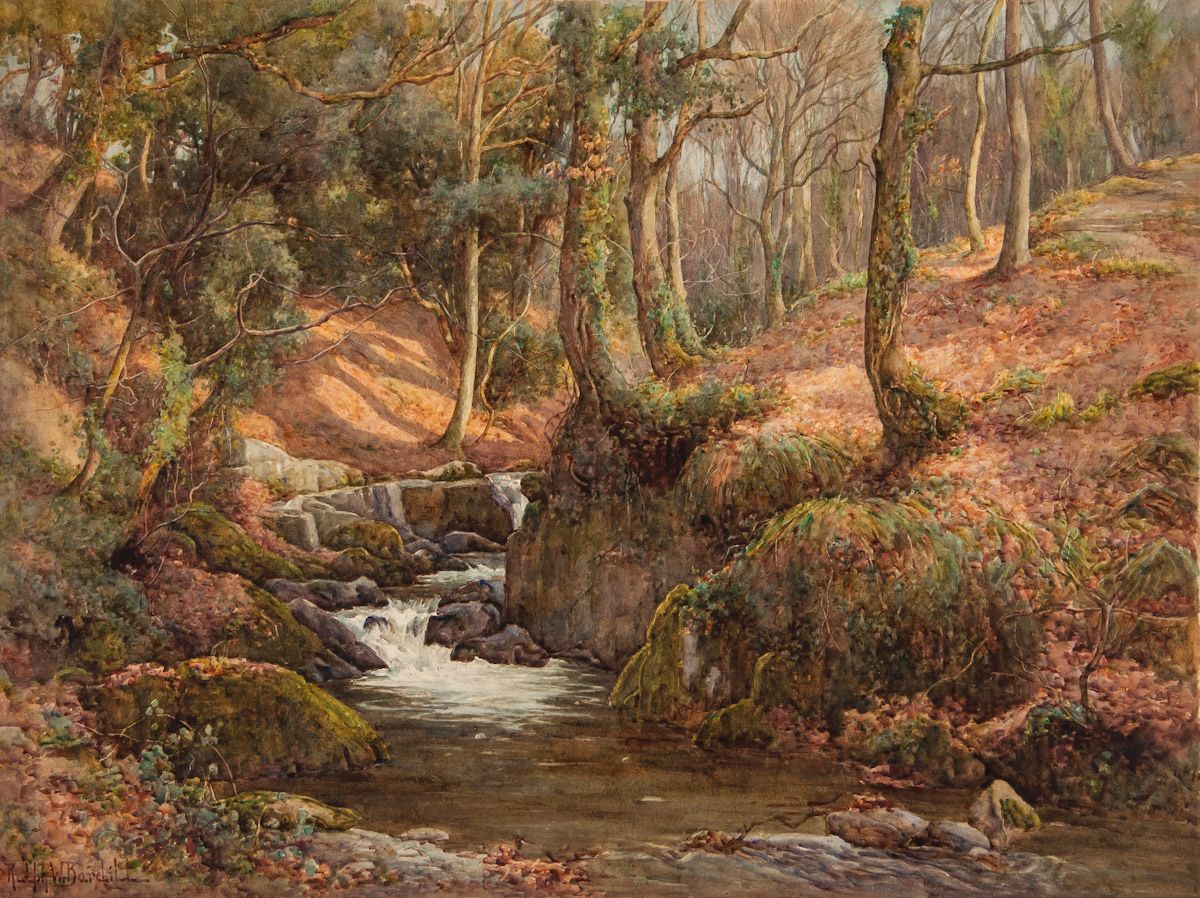 Ralph Bardill - Woodland waterfall,  Ralph Bardill Woodland Stream Watercolour on artboard Signed