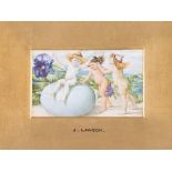 Lawson (John) - A pair of miniatures of pixies rolling an egg past primroses,   watercolours over